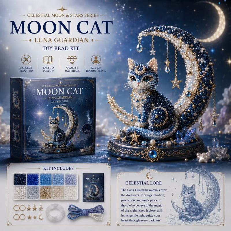 🌙 Moon Cat Luna Guardian DIY Bead Kit | Celestial Moon & Stars Series